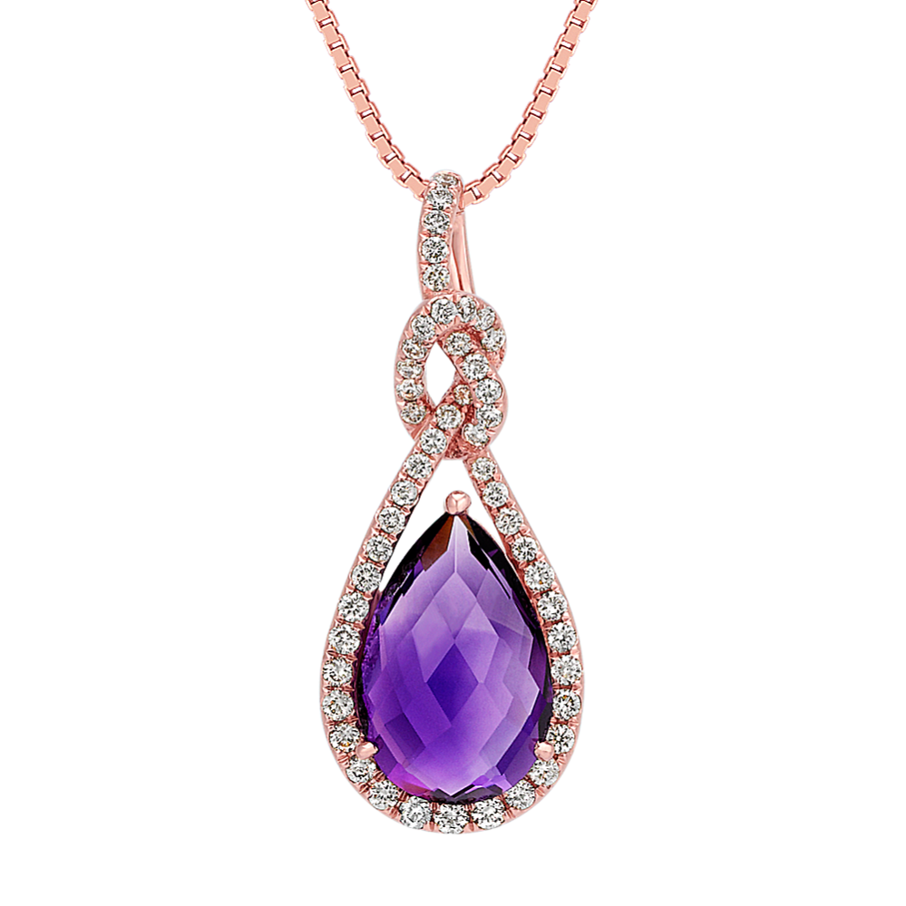 Pear-Shaped Amethyst and Round Diamond Pendant in 14k Rose Gold (18 in)