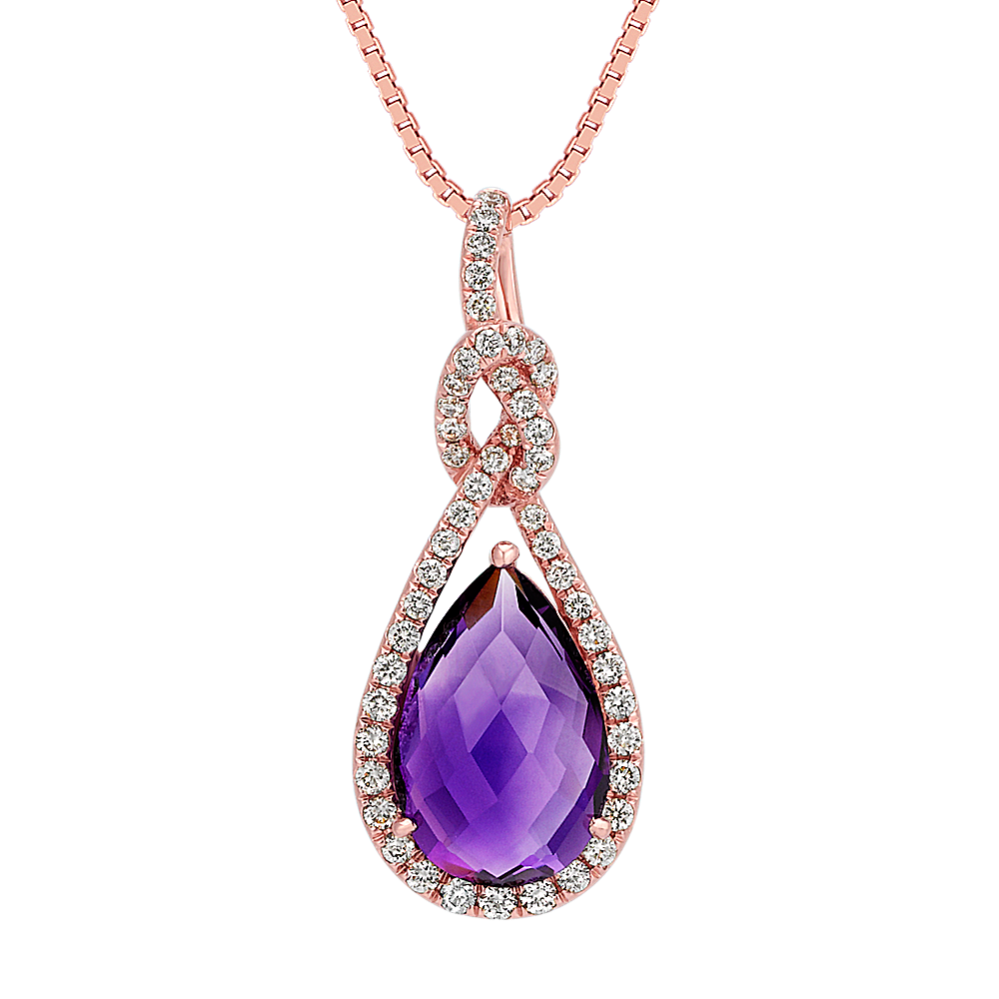 Pear-Shaped Amethyst and Round Diamond Pendant in 14k Rose Gold (18'')