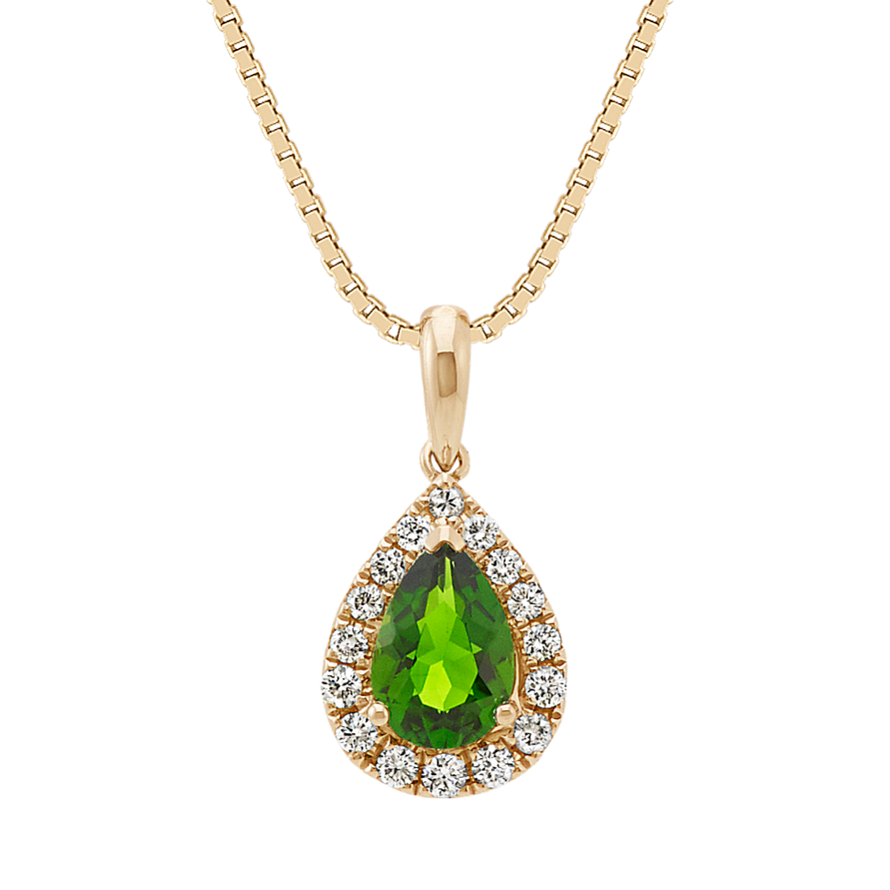 Pear-Shaped Chrome Diopside and Diamond Halo Pendant (18 in)