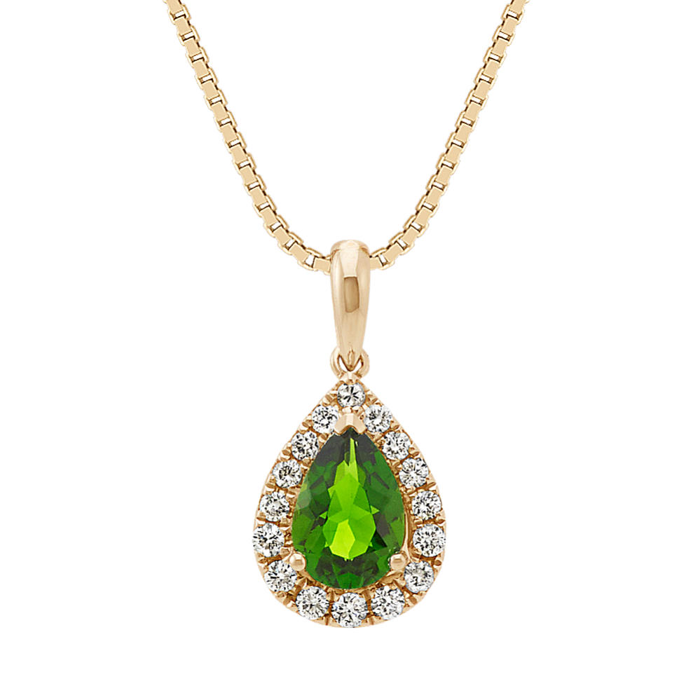 Pear-Shaped Chrome Diopside and Diamond Halo Pendant (18'')