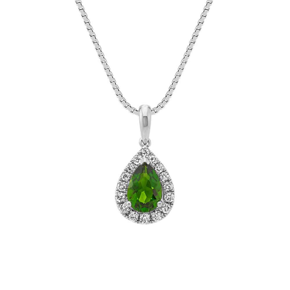 Pear-Shaped Chrome Diopside and Round Diamond Pendant (18 in)