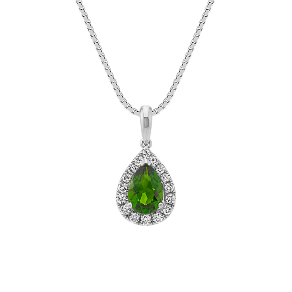 Pear-Shaped Chrome Diopside and Round Diamond Pendant (18'')