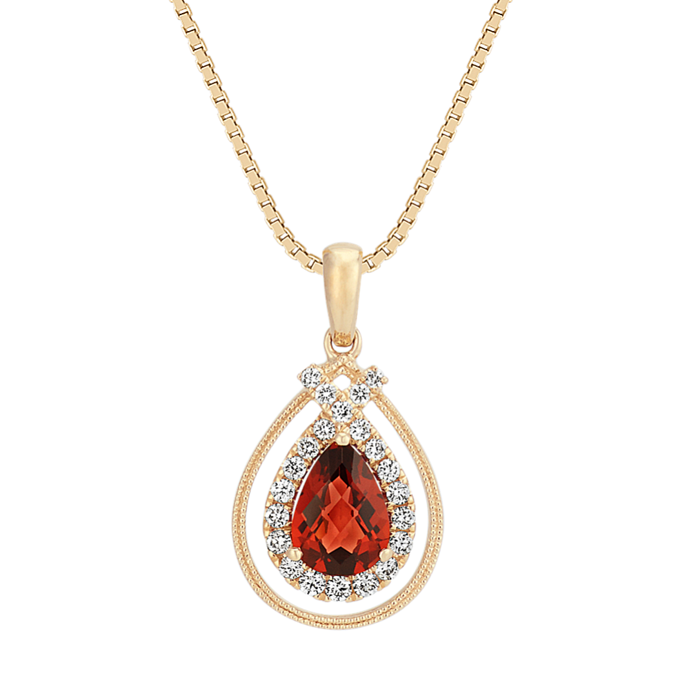 Pear-Shaped Garnet and Round Diamond 14k Yellow Gold Pendant (18 in)