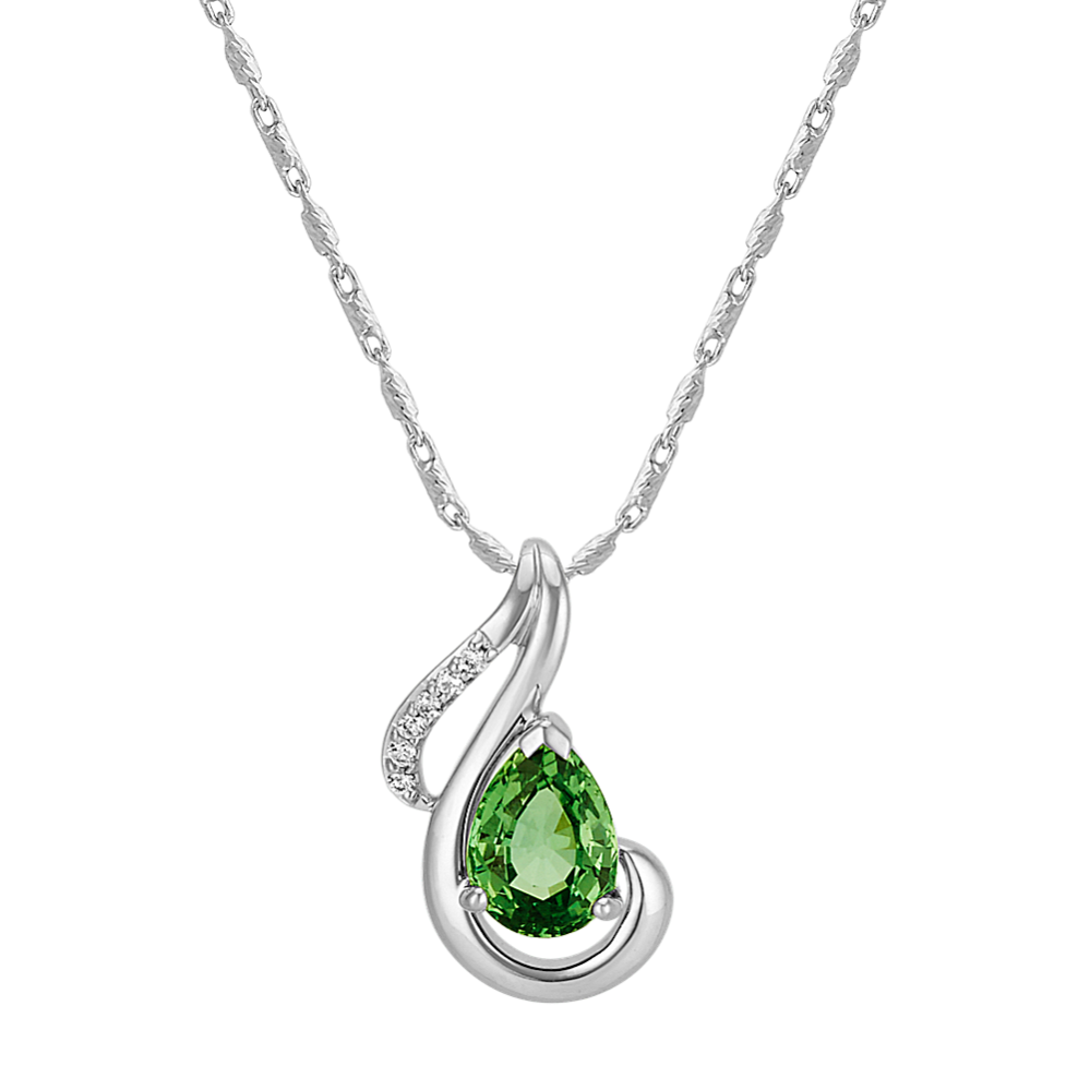 Pear-Shaped Green Sapphire and Round Diamond Teardrop Pendant (22 in)
