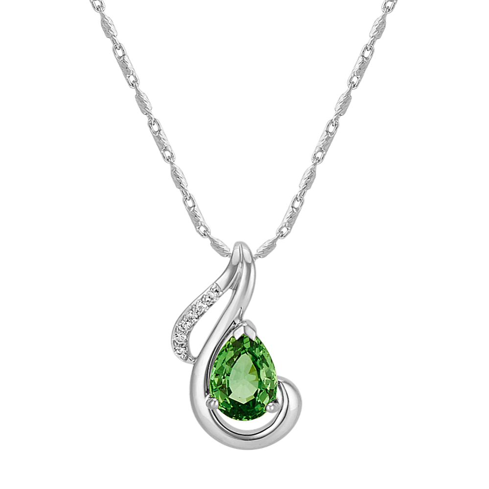 Pear-Shaped Green Sapphire and Round Diamond Teardrop Pendant (22'')