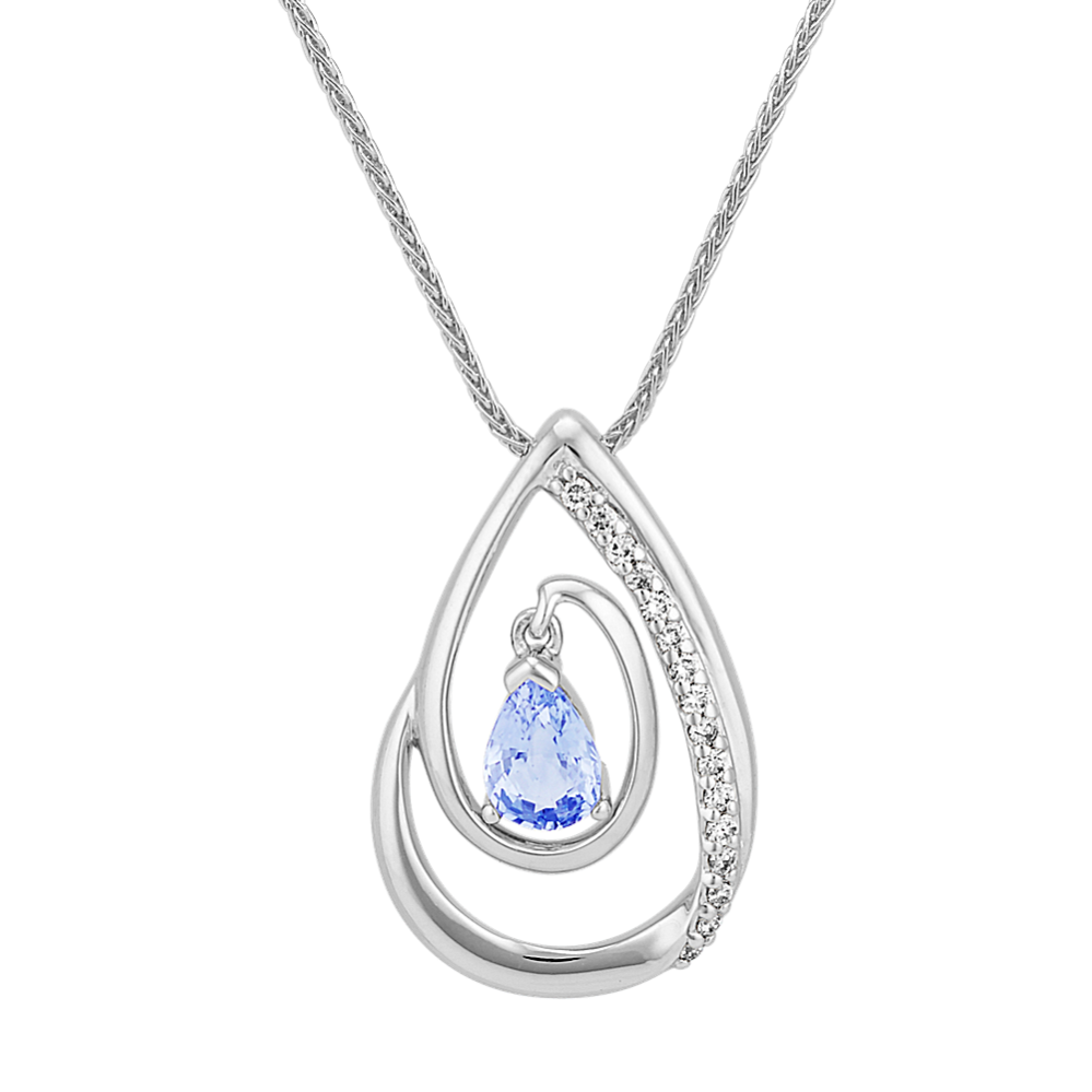 Pear-Shaped Ice Blue Sapphire and Round Diamond Teardrop Pendant (22 in)