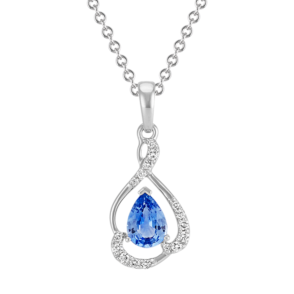 Pear-Shaped Kentucky Blue Sapphire and Round Diamond Swirl Pendant (22 in)