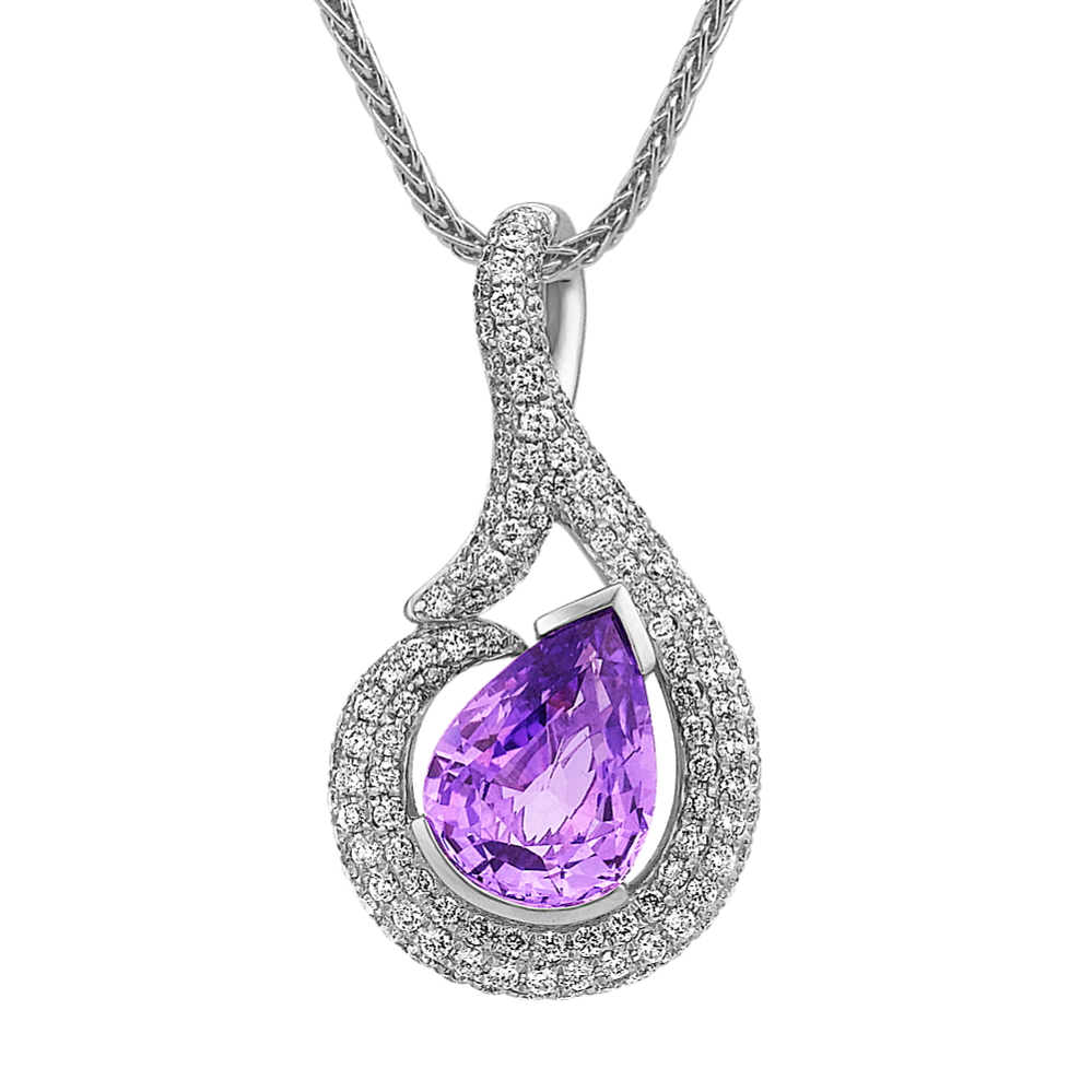 Pear-Shaped Lavender Sapphire and Round Diamond Pendant (22 in)