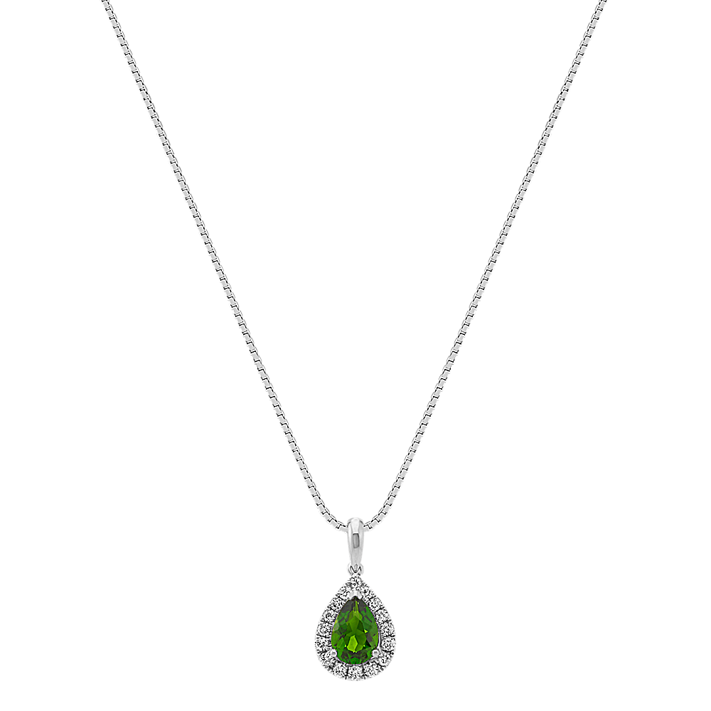 Pear-Shaped Chrome Diopside and Round Diamond Pendant (18 in) | Shane Co.