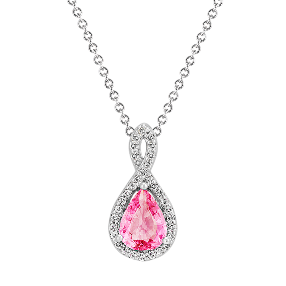 Pear-Shaped Pink Sapphire and Round Diamond Ribbon Pendant (22 in)