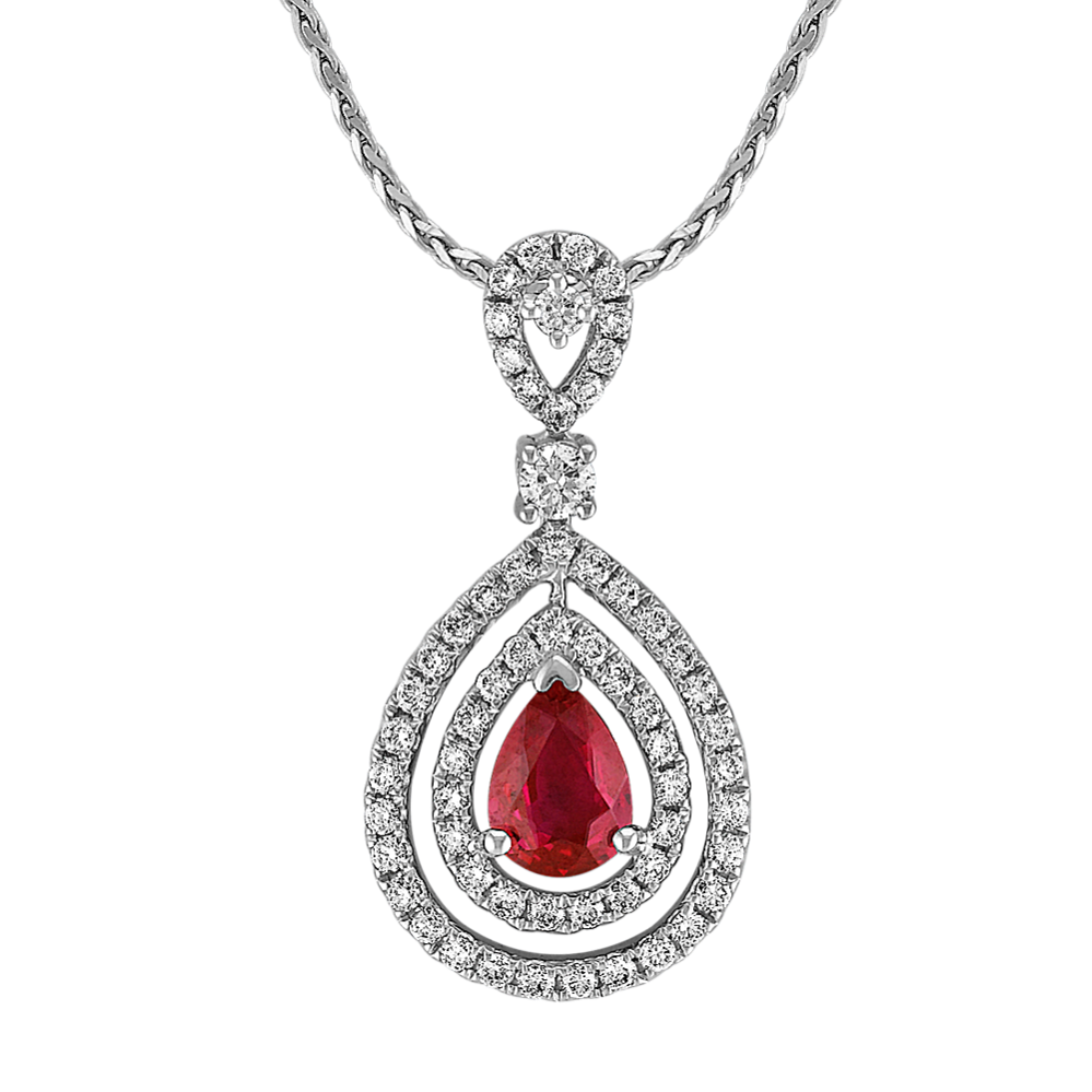 Pear-Shaped Ruby and Diamond Double Halo Pendant (18 in)