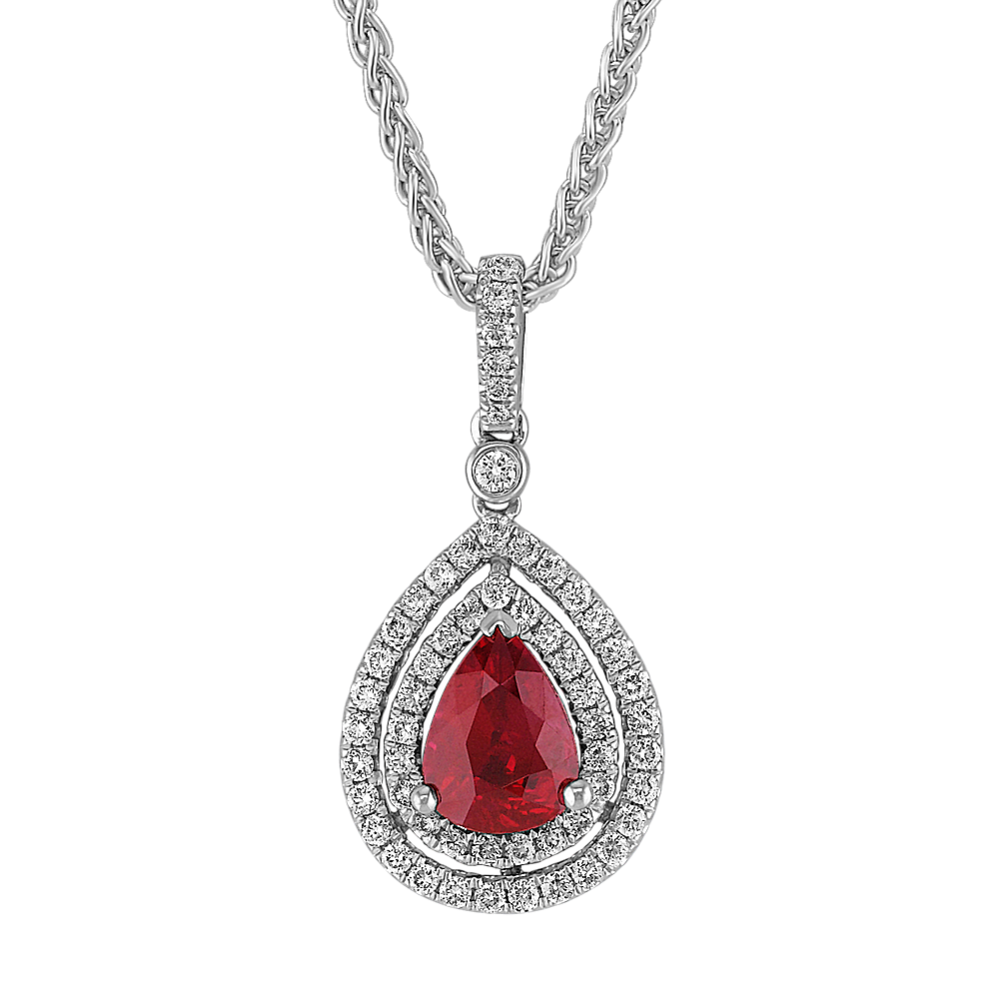 Pear-Shaped Ruby and Round Diamond Double Halo Pendant (18 in)