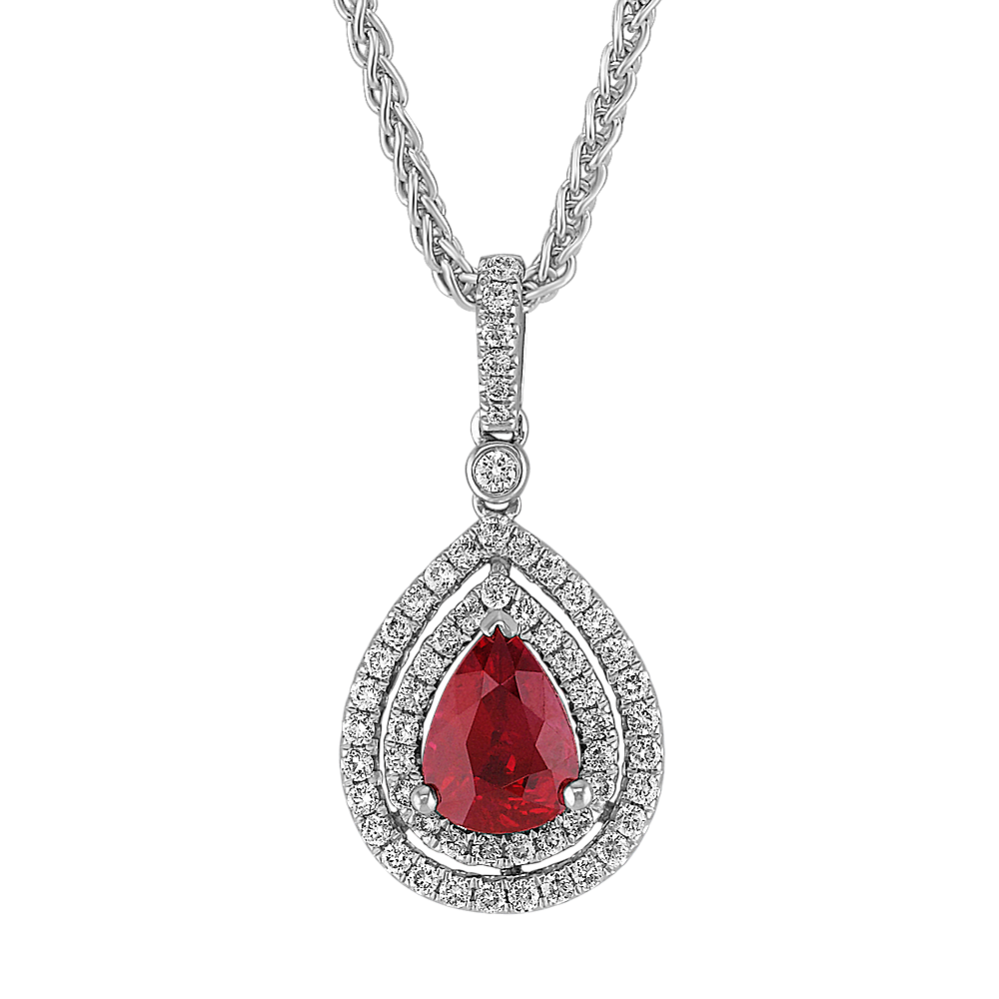 Pear-Shaped Ruby and Round Diamond Double Halo Pendant (18'')