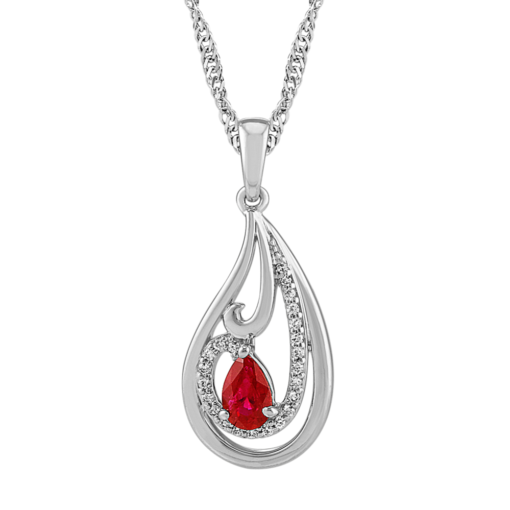 Pear-Shaped Ruby and Round Diamond Swirl Pendant (18 in)