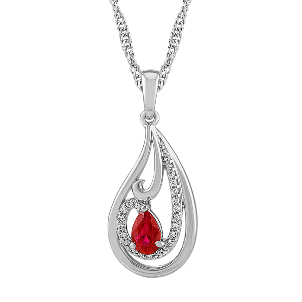 Pear-Shaped Ruby and Round Diamond Swirl Pendant (18'')