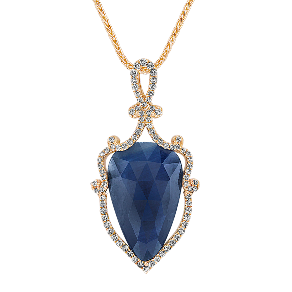 Pear-Shaped Sapphire Slice and Round Diamond Pendant (18 in)