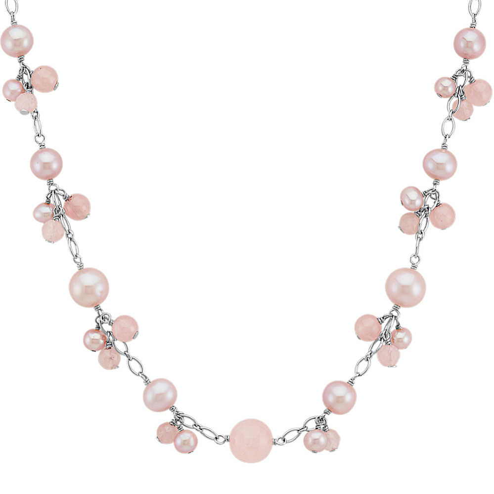 Pink Freshwater Cultured Pearl and Pink Quartz Clusters Necklace (20 in)