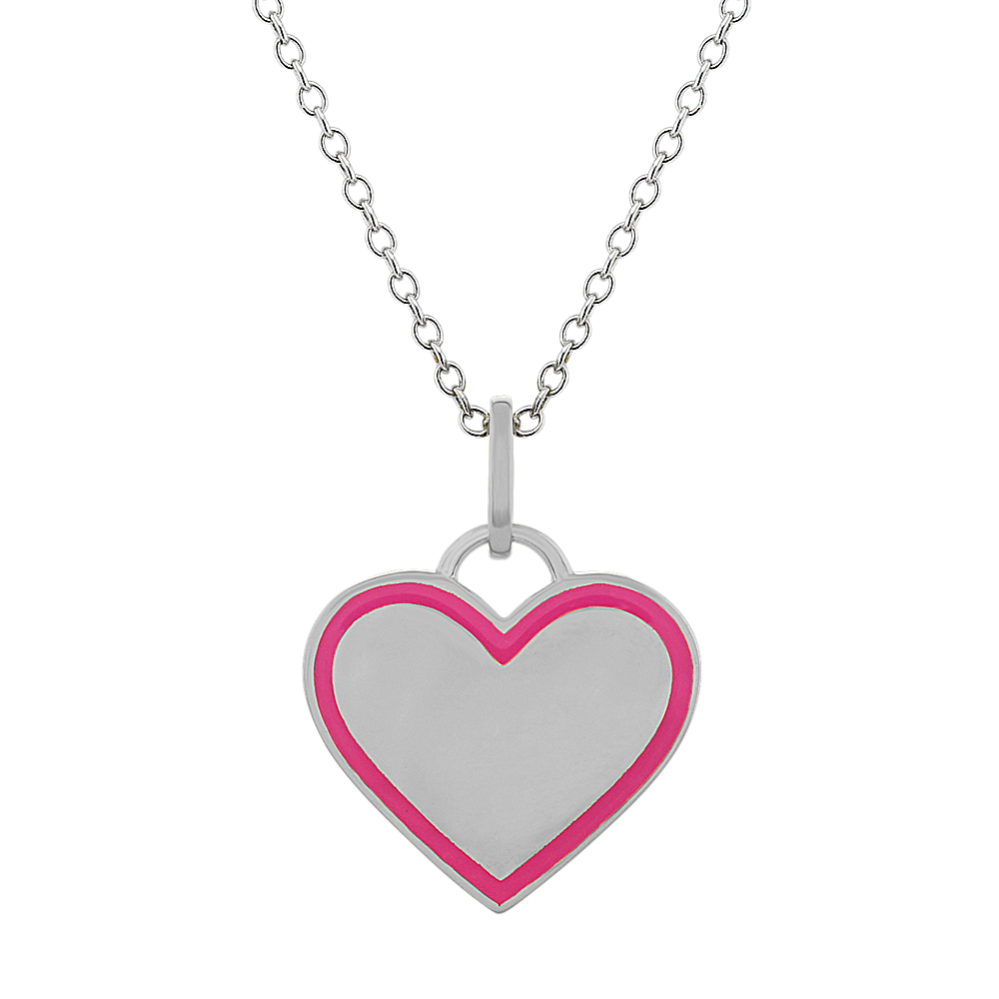 Pink Enamel Heart Pendant in 14k White Gold (18'')