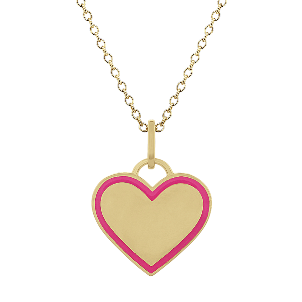 Pink Enamel Heart Pendant in 14k Yellow Gold (18 in)