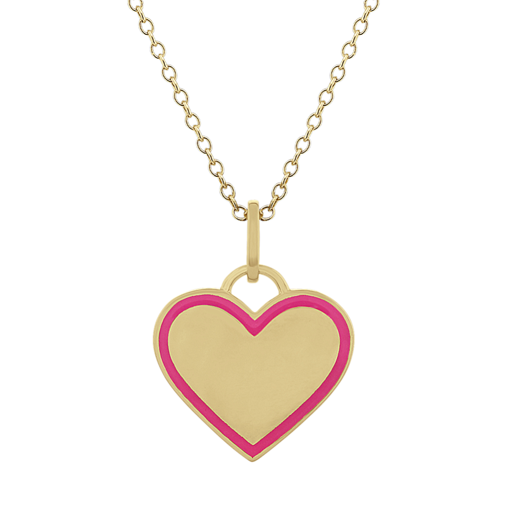 Pink Enamel Heart Pendant in 14k Yellow Gold (18'')