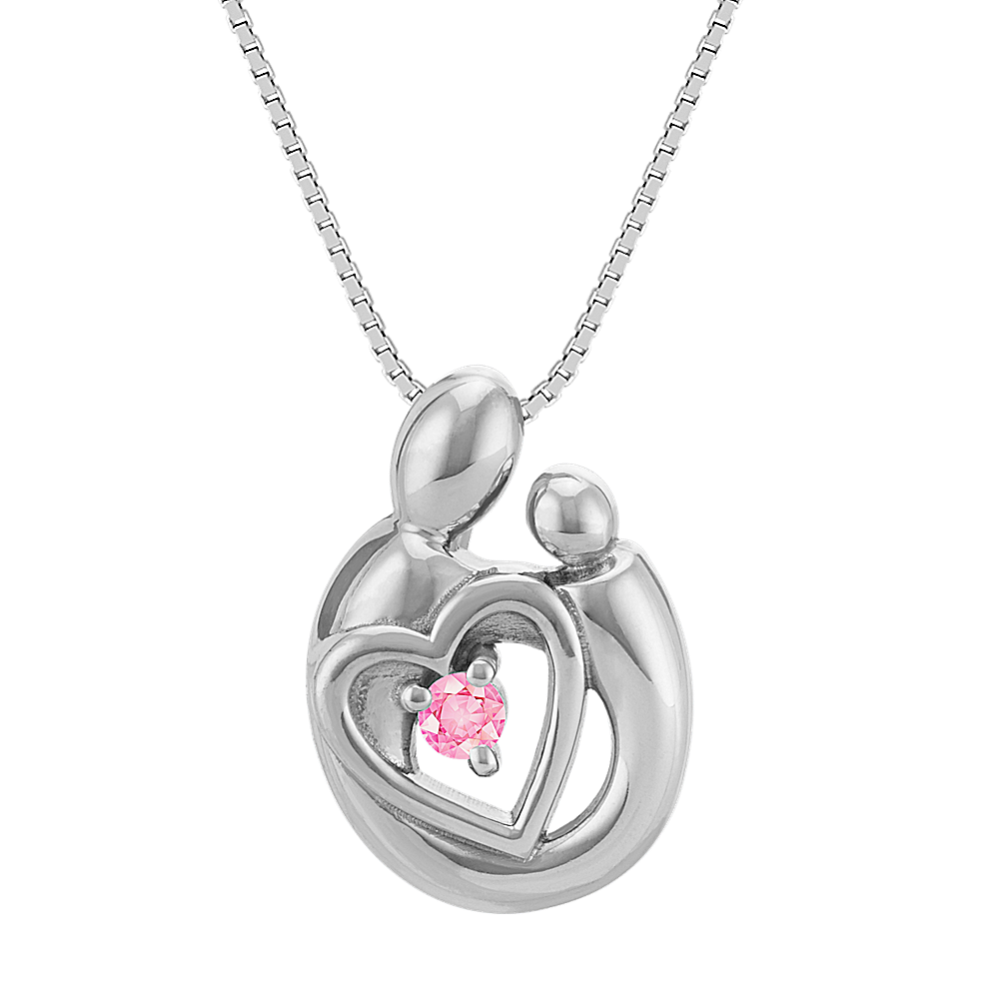 Pink Sapphire Mother & Child Heart Pendant in Sterling Silver (18 in)