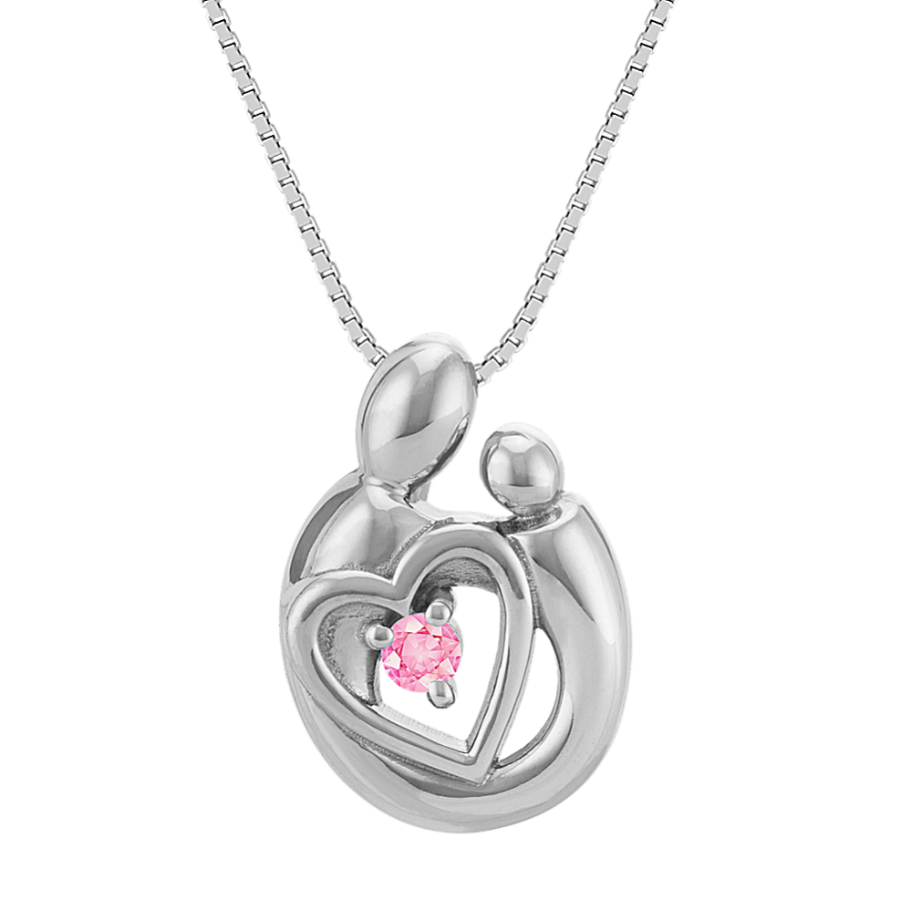 Pink Sapphire Mother & Child Heart Pendant in Sterling Silver (18'')
