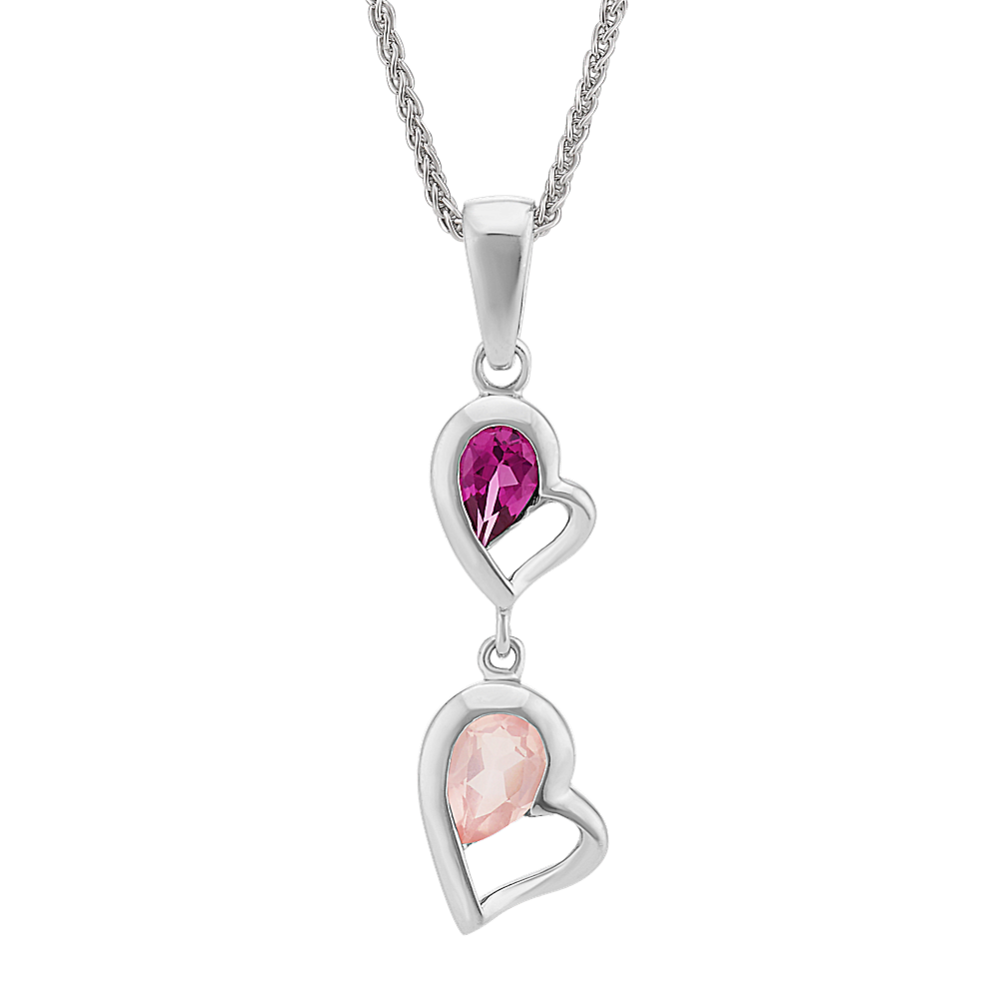 Pink Quartz and Garnet Double-Heart Pendant (24'')