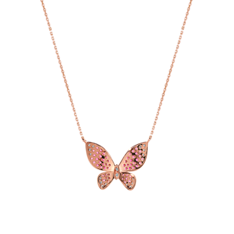 Ombre Pink Natural Sapphire and Natural Diamond Butterfly Pendant in 14K Rose Gold (18 in)
