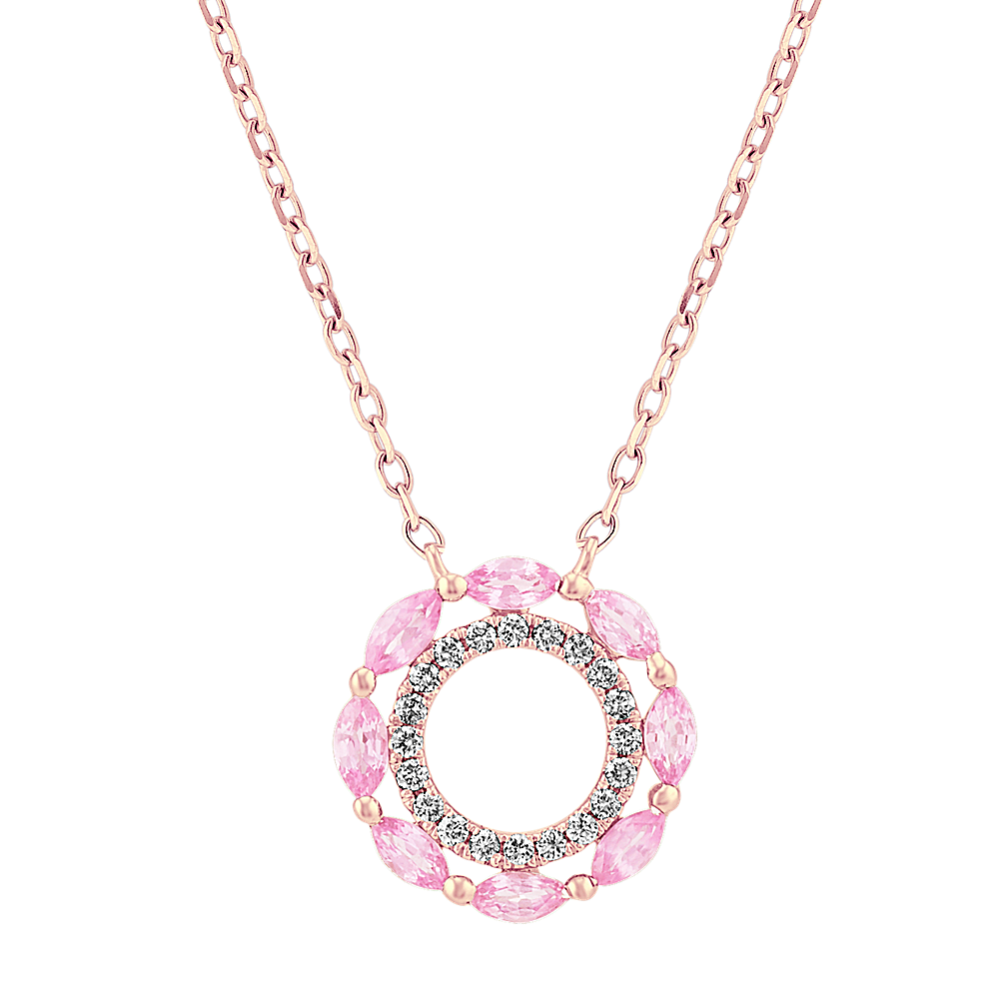 Pink Sapphire and Diamond Circle Necklace in 14k Rose Gold (18 in)
