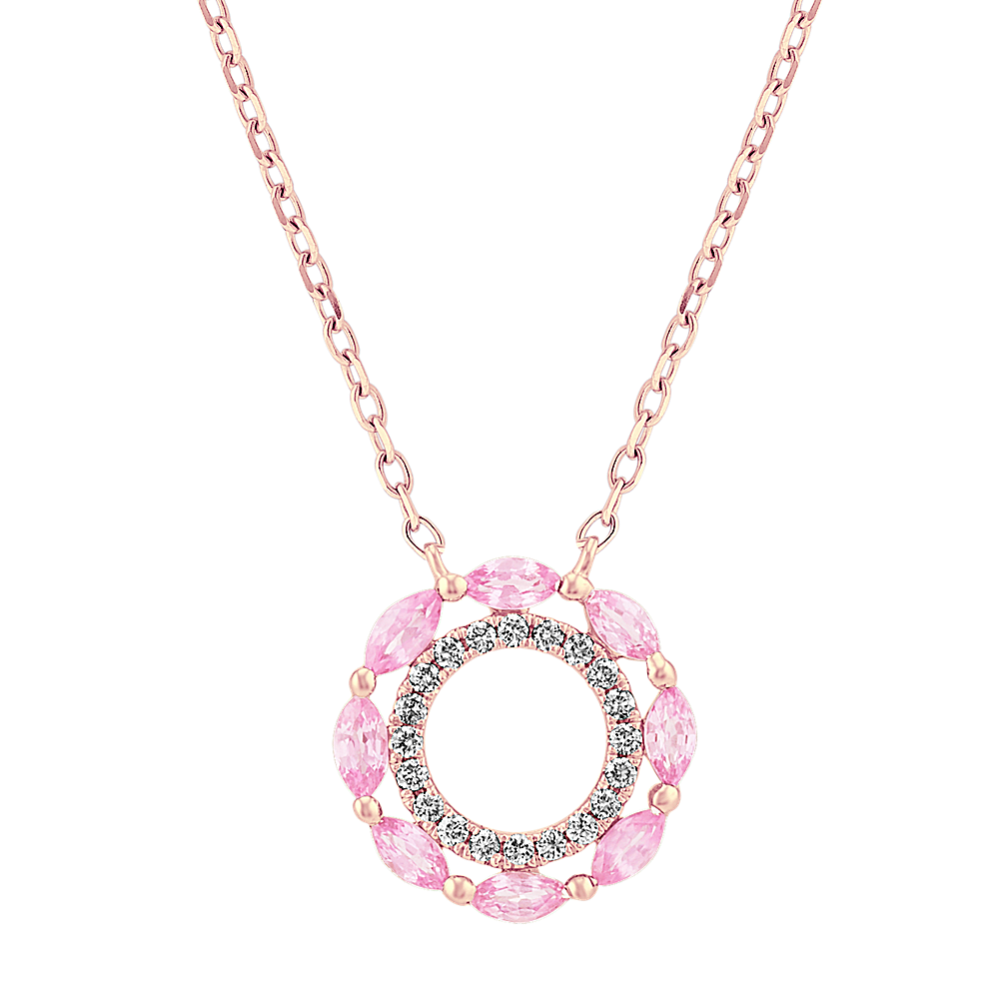 Pink Sapphire and Diamond Circle Necklace in 14k Rose Gold (18'')