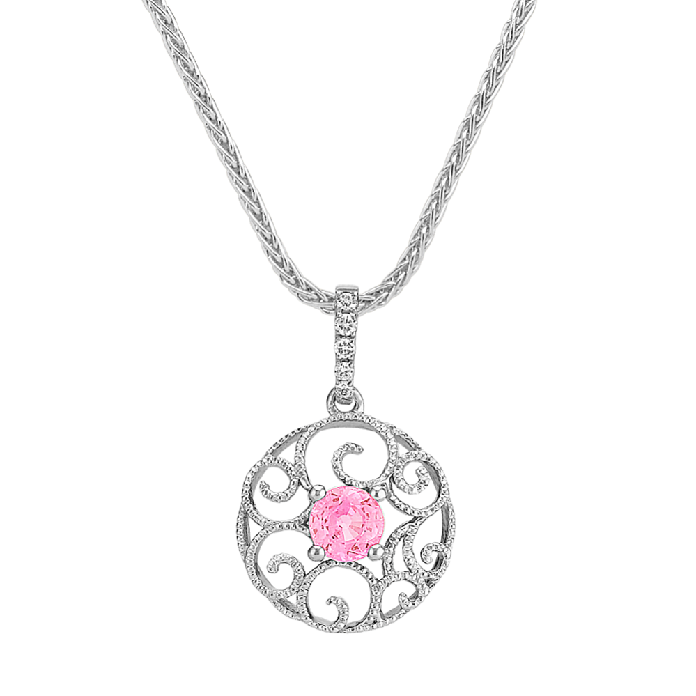 Pink Sapphire and Diamond Circle Pendant (18 in)