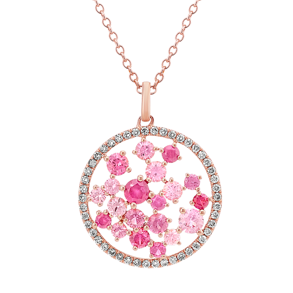 Pink Sapphire and Diamond Cluster Pendant (22 in)