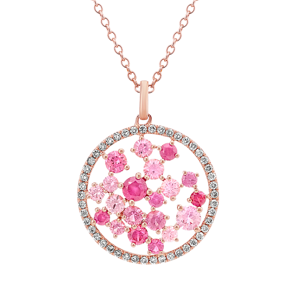 Pink Sapphire and Diamond Cluster Pendant (22'')