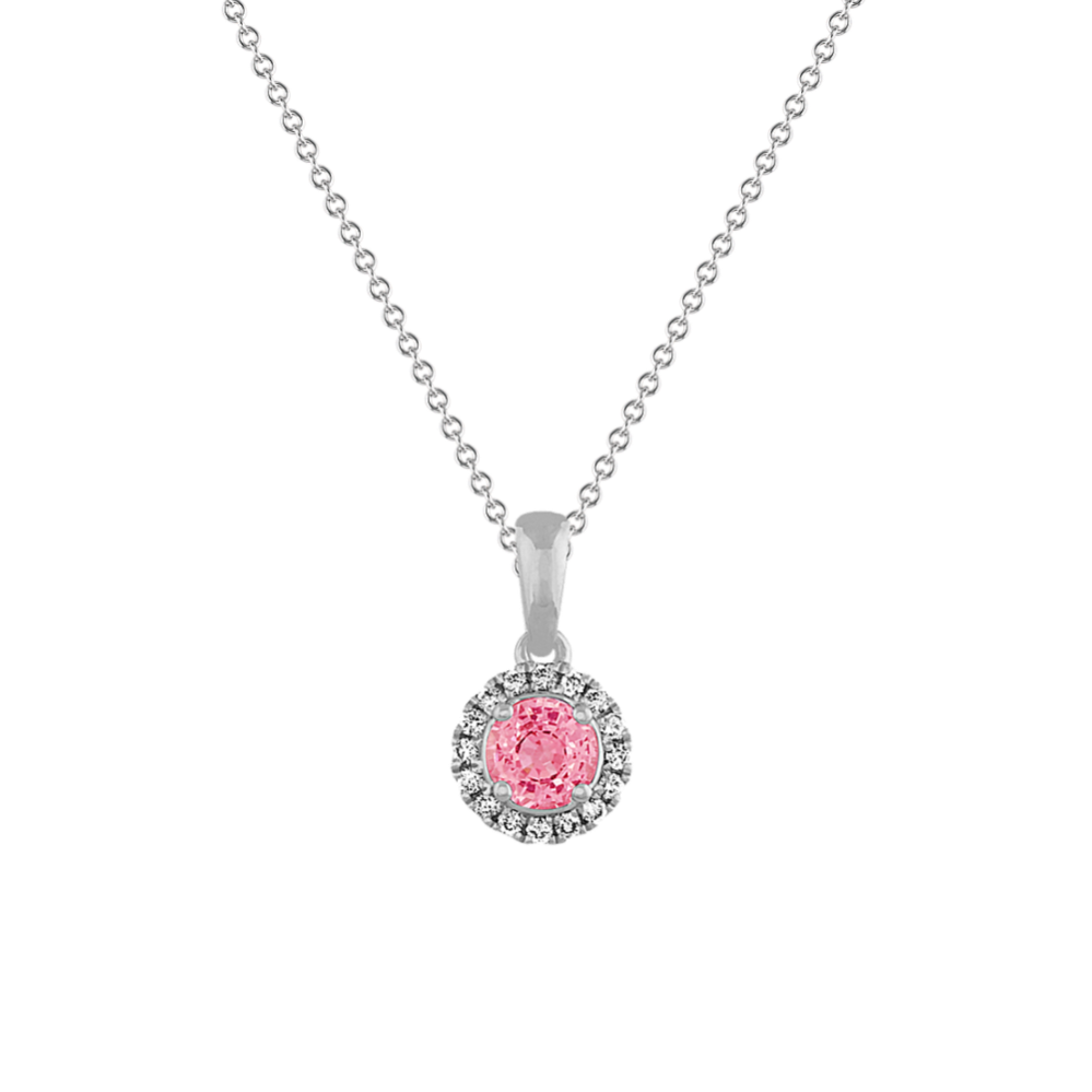 Paige Pink Sapphire and Diamond Halo Pendant in Sterling Silver (20 in)