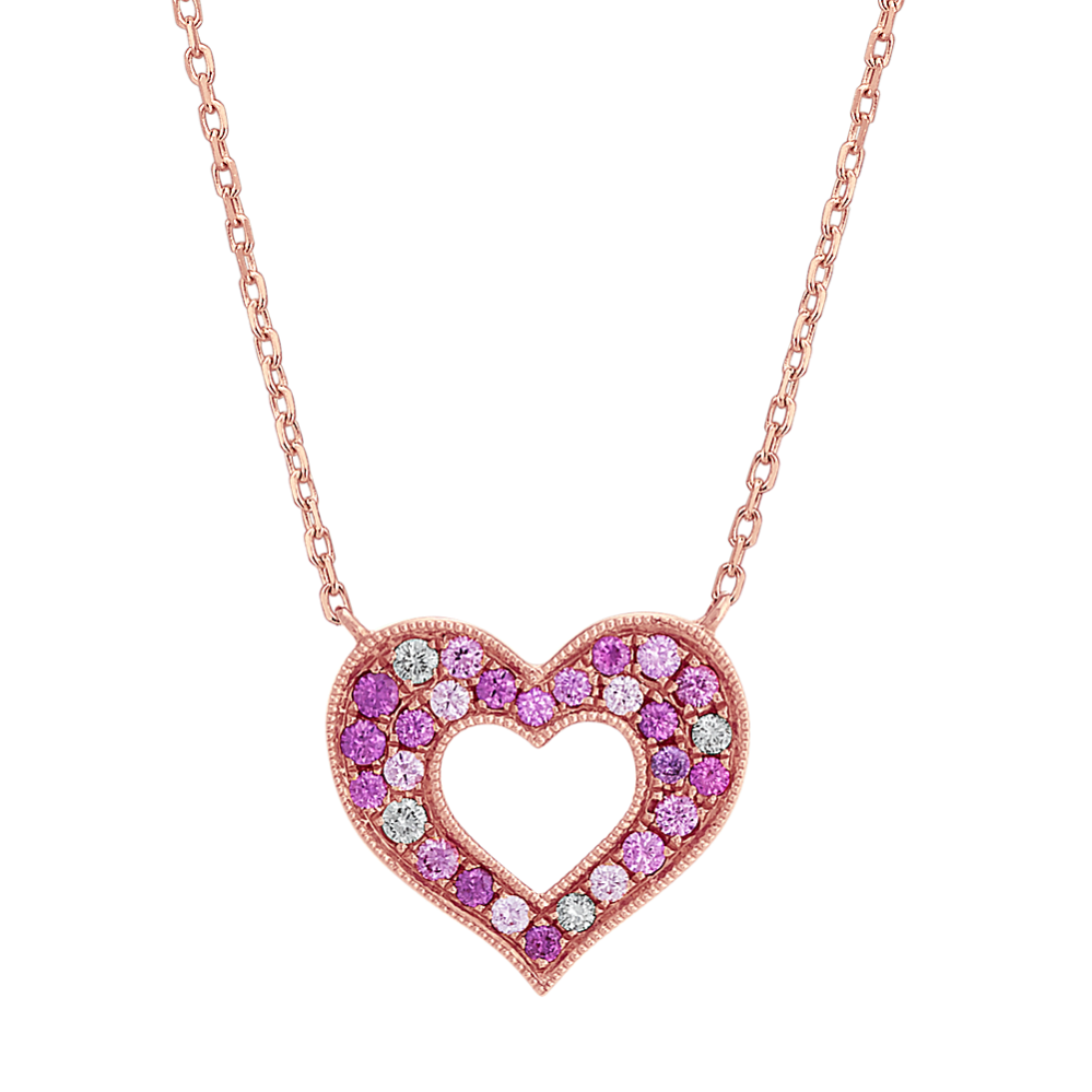 Pink Sapphire and Diamond Heart Pendant in Rose Gold (20 in)