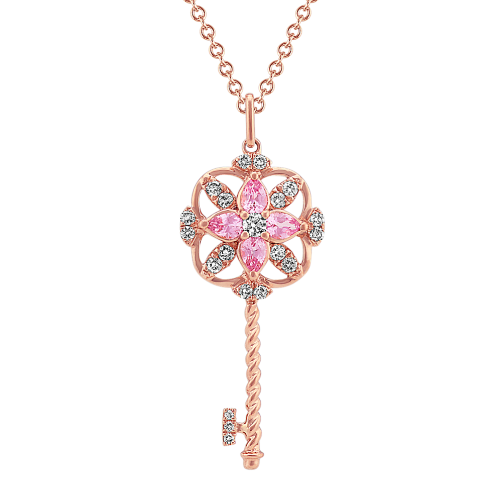 Pink Sapphire and Diamond Key Pendant (22 in)