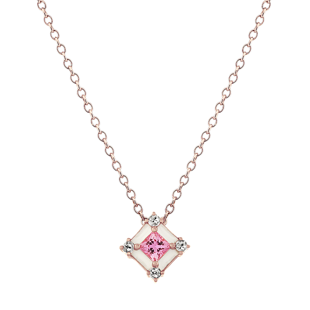 Pink and White Sapphire Enamel Pendant (18 in)