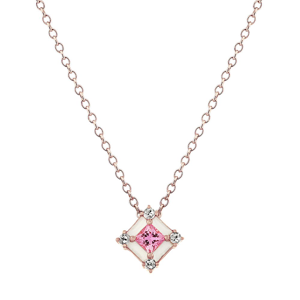 Pink and White Sapphire Enamel Pendant (18'')
