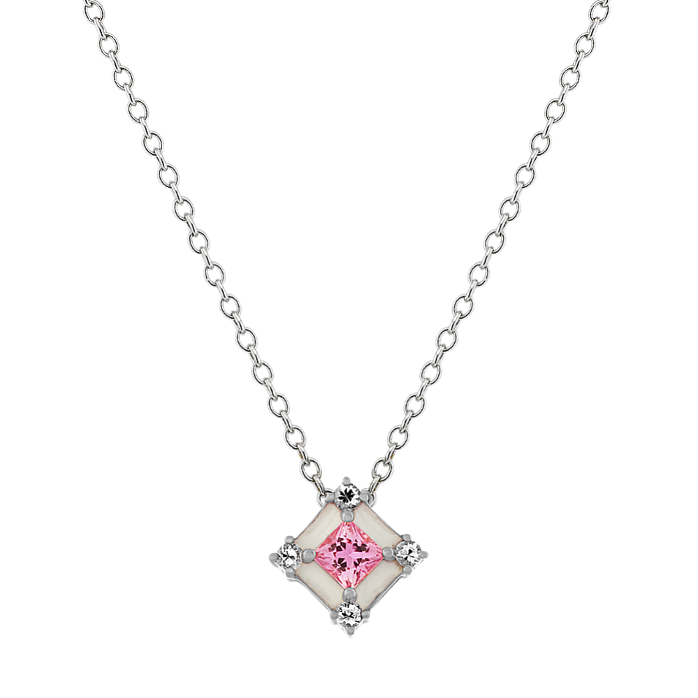 Pink and White Sapphire Enamel Pendant (18'')