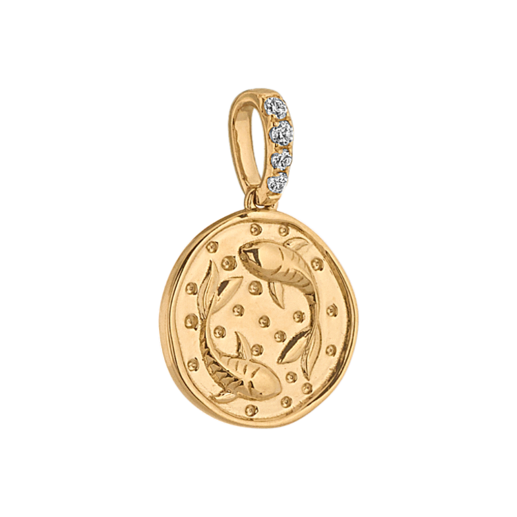Pisces Zodiac Charm with Natural Diamond Accent in 14k Yellow Gold