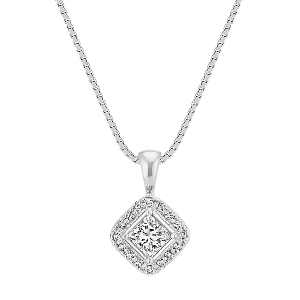 Princess Cut and Round Diamond Halo Pendant (18'')