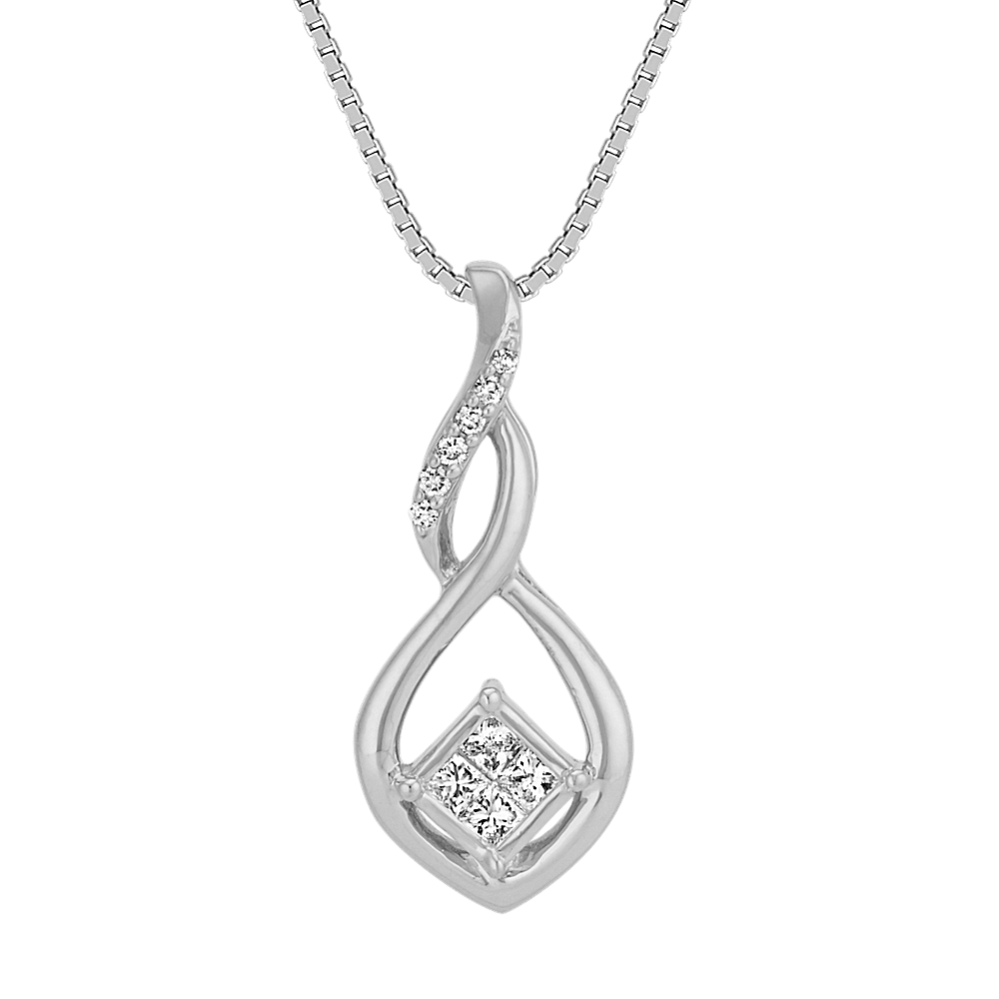 Princess Cut and Round Diamond Swirl Pendant in 14k White Gold (18 in)