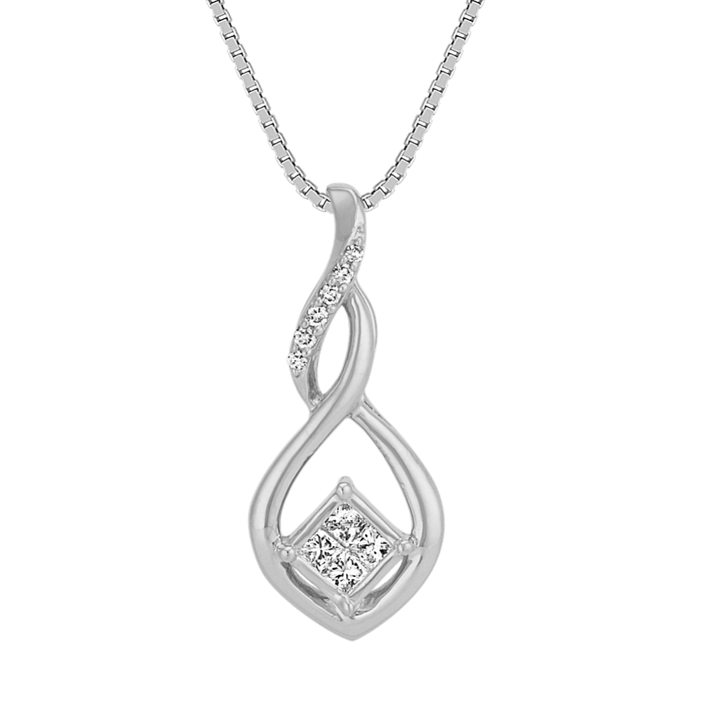 Princess Cut and Round Diamond Swirl Pendant in 14k White Gold (18'')