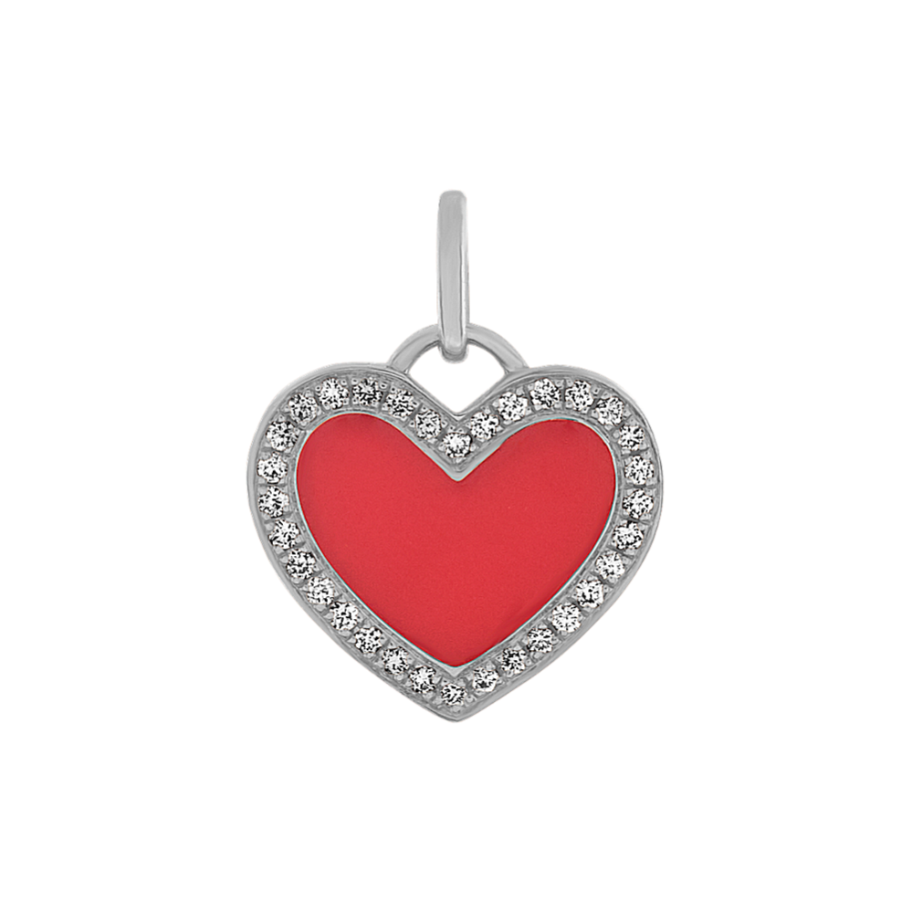 Red Enamel Diamond Heart Charm in 14k White Gold