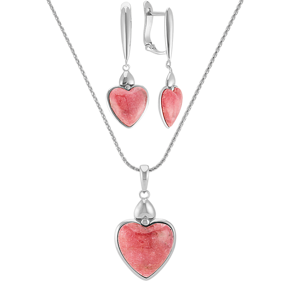 Rhodonite Heart Pendant and Earrings Matching Set (24'')