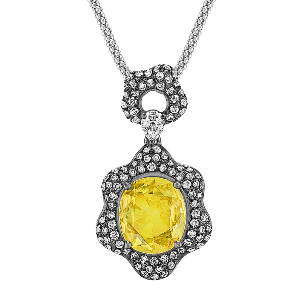 Rose Cut Oval Yellow Sapphire, Pear Shape and Round Diamond Pendant with Black Rhodium (22 in)