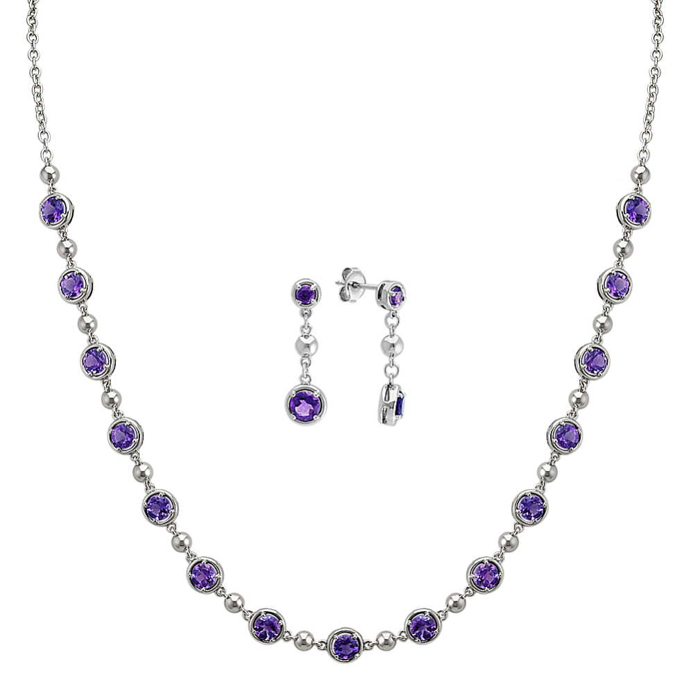 Round Amethyst Sterling Silver Earrings and Necklace Matching Set (20 in)