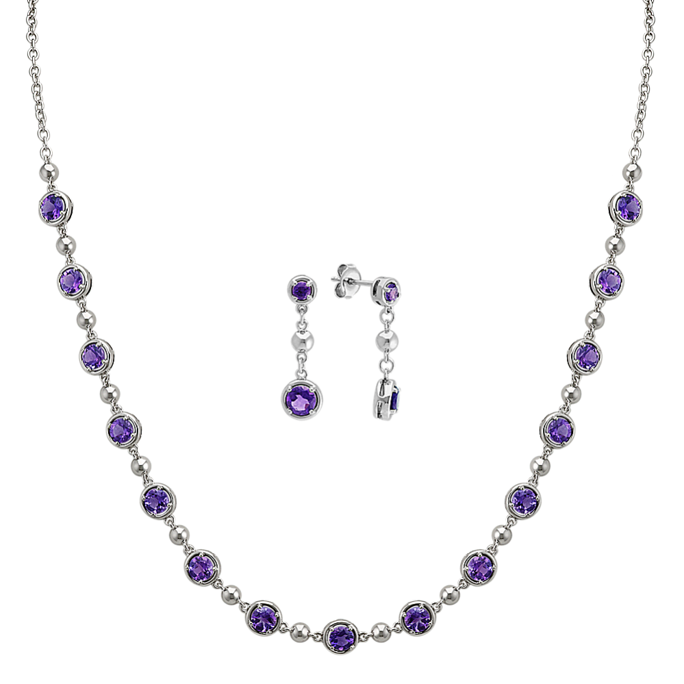 Round Amethyst Sterling Silver Earrings and Necklace Matching Set (20'')