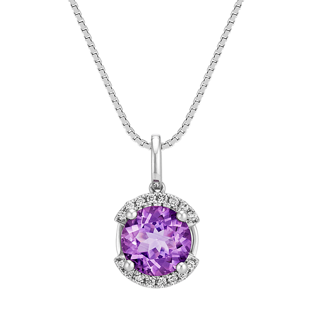 Round Amethyst and Diamond Sterling Silver Pendant (18'')