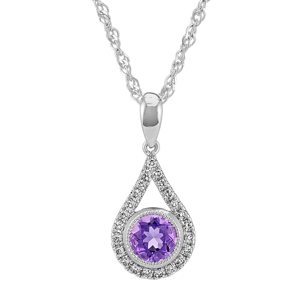 Round Amethyst and Diamond Teardrop Pendant in Sterling Silver (20 in)